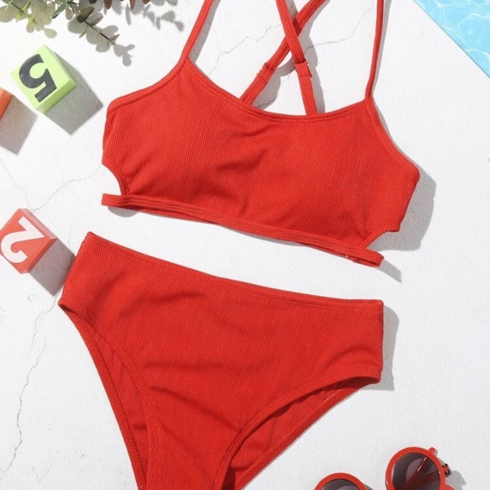 SHEIN Girls Rib Cross Back Bikini Swimsuit
